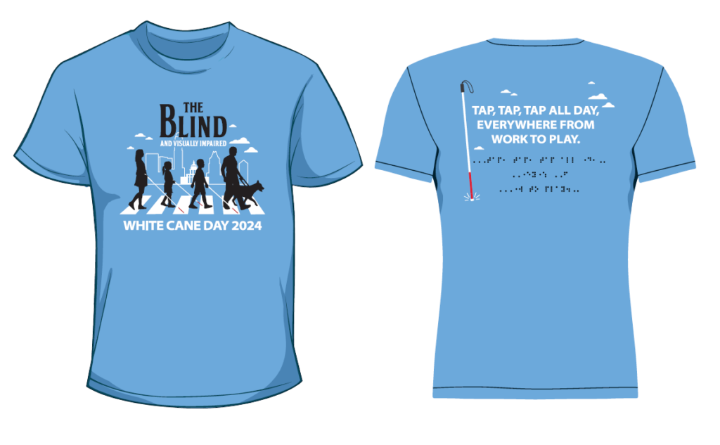 Two light blue shirts are side by side showing the front and back of the shirt.