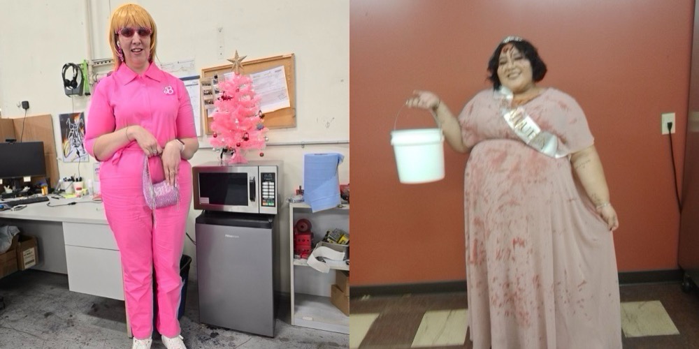 Side by side photos of Prisma as Barbie and Samantha as Carrie.